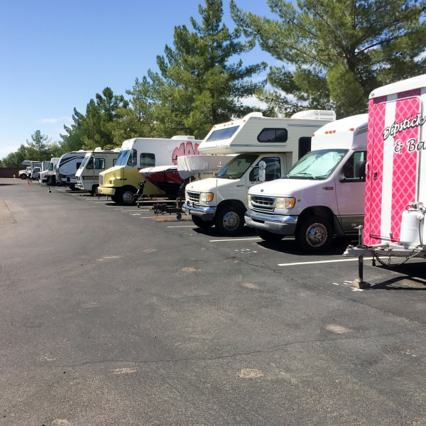 RVs and trailers parked at StorQuest Self Storage in Long Beach, New York