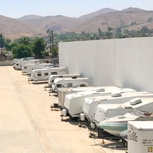 Outdoor RV and boat storage at StorQuest Self Storage in Riverside, California