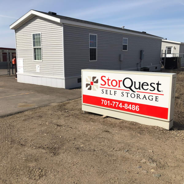 Branding and signage in front of StorQuest Self Storage in Williston, North Dakota