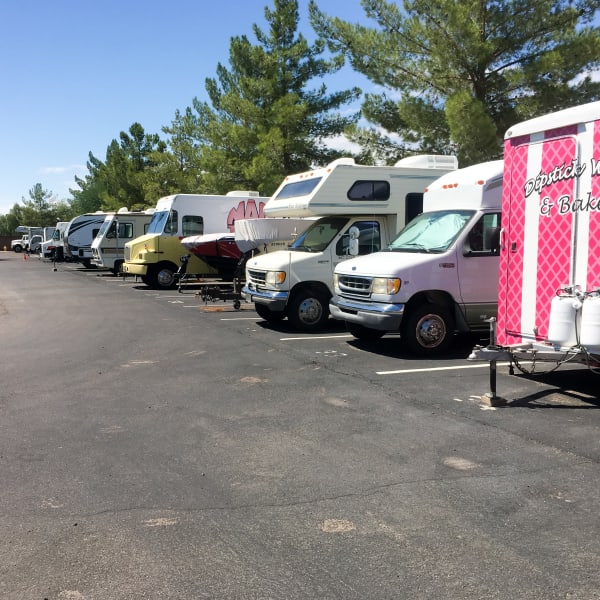 RVs and boats parked at StorQuest Self Storage in Fort Worth, Texas