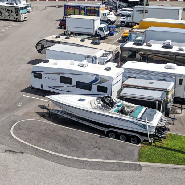 Boats and RVs parked at StorQuest Express Self Service Storage in Seffner, Florida