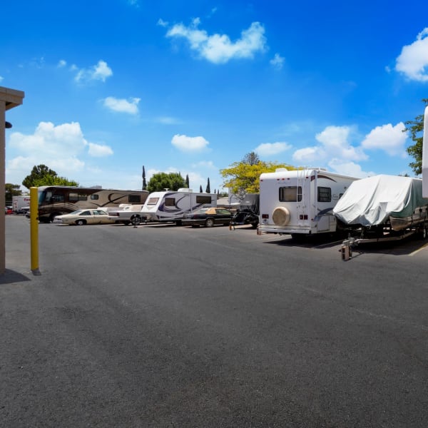 RVs and boats parked at StorQuest Self Storage in El Paso, Texas