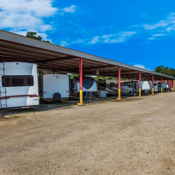 Covered boat, RV, trailer, and auto storage at StorQuest Self Storage in Kyle, Texas