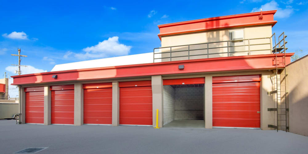 Outdoor drive-up storage units at StorQuest Self Storage in Los Angeles, California