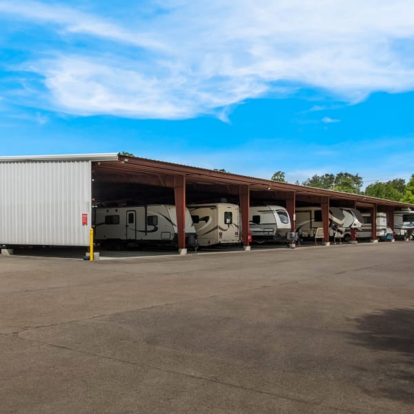 Covered RV storage at StorQuest Self Storage in Friendswood, Texas